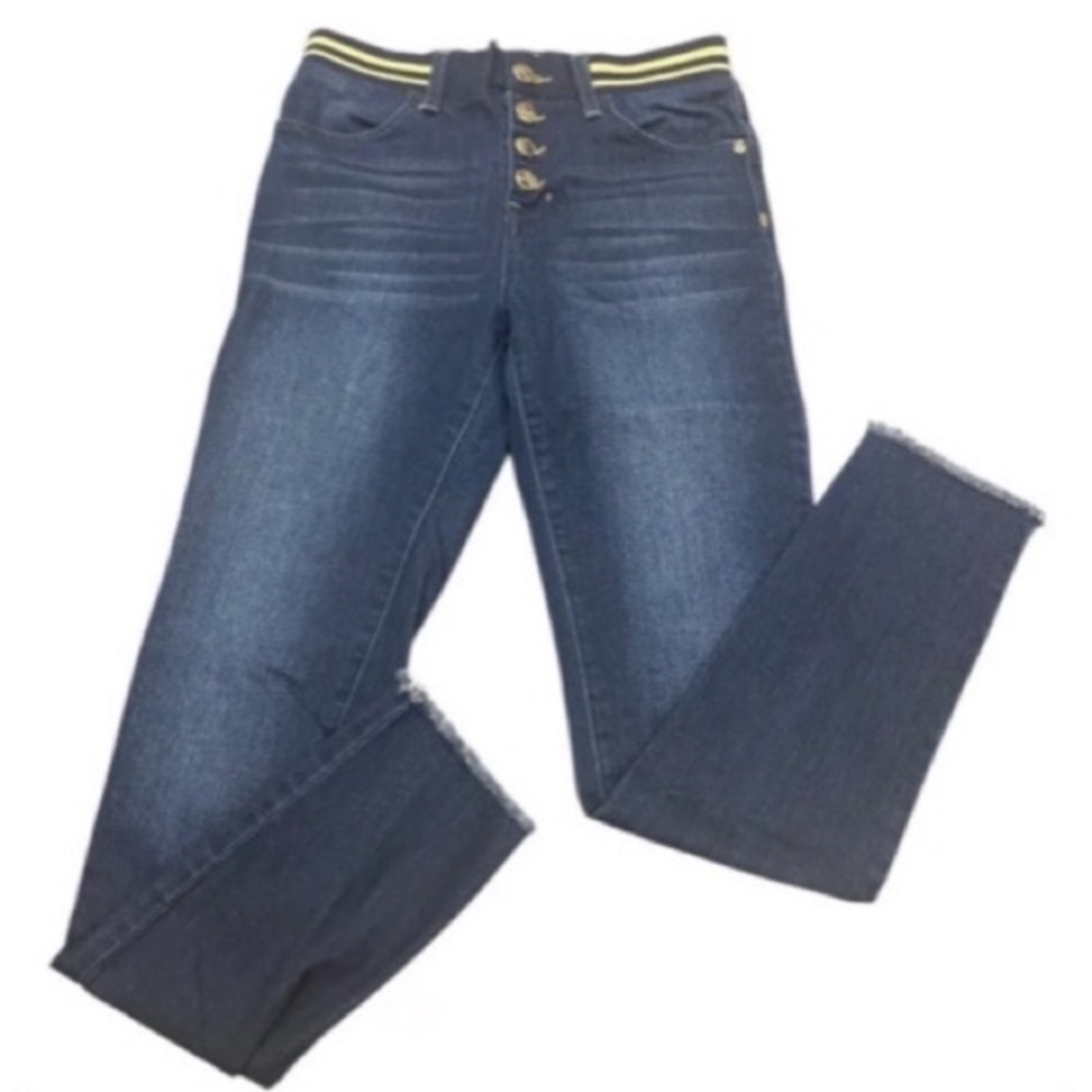 Bebe Girls Jeans Frayed Hem Elastic Stretch Waist 4-Button Fly Size 14 Girls.